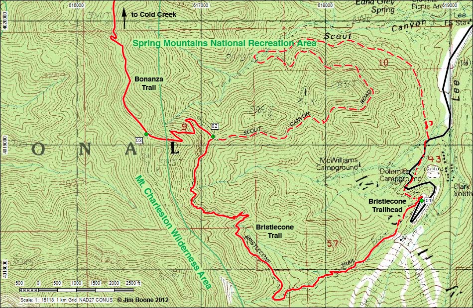 Bonanza Trail Hiking Map (Bristlecone Trailhead Section)