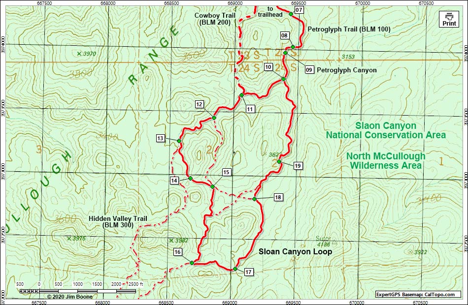 Hiking Around Las Vegas, Sloan Canyon Loop Map -- Southern Section