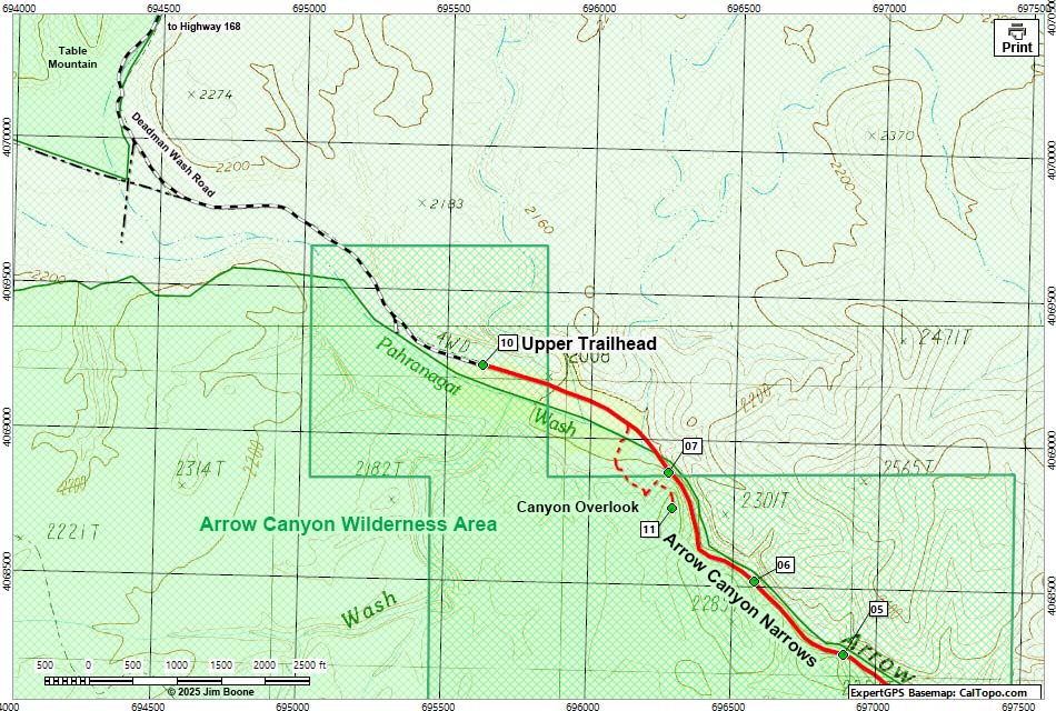 Arrow Canyon Hiking Map, Western Section